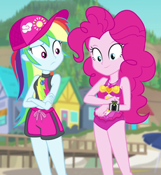 Size: 909x988 | Tagged: source needed, safe, edit, editor:sonic ranger, pinkie pie, rainbow dash, equestria girls, equestria girls series, forgotten friendship, g4, ben 10, clothes, cropped, crossed arms, geode of sugar bombs, geode of super speed, magical geodes, omnitrix, pinkie pie swimsuit, swimsuit, xk-class end-of-the-world scenario