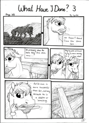 Size: 2550x3506 | Tagged: safe, artist:lupiarts, oc, oc only, oc:daxter, oc:ron nail, comic:what have i done, black and white, comic, dramatic, family, father, grayscale, hammer, high res, male, monochrome, sad, traditional art, wood, worker, working