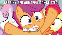 Size: 800x450 | Tagged: safe, edit, edited screencap, screencap, apple bloom, scootaloo, sweetie belle, fame and misfortune, g4, marks for effort, cutie mark crusaders, discovery family logo, image macro, meme