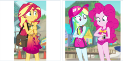 Size: 1747x870 | Tagged: safe, edit, screencap, sunset shimmer, derpibooru, equestria girls, equestria girls specials, g4, my little pony equestria girls: better together, my little pony equestria girls: forgotten friendship, belly button, ben 10, clothes, cropped, female, juxtaposition, meta, omnitrix, saddle bag, swimsuit