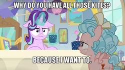 Size: 800x450 | Tagged: safe, edit, edited screencap, screencap, cozy glow, starlight glimmer, g4, marks for effort, :i, bow, butt, chocolate, cozy glutes, cup, desk, duo, empathy cocoa, faic, female, filly, floppy ears, food, guidance counselor, hot chocolate, image macro, kite, marshmallow, meme, mirror, paintings, plot, quill, quill pen, that pony sure does love kites