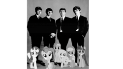 Size: 1280x720 | Tagged: safe, applejack, fluttershy, pinkie pie, rainbow dash, rarity, twilight sparkle, human, g4, 1960s, black and white, george harrison, grayscale, irl, john lennon, mane six, monochrome, paul mccartney, photo, ponies in real life, ringo starr, smiling, the beatles, vector
