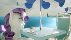 Size: 1920x1080 | Tagged: safe, artist:dashyoshi, rarity, pony, g4, 3d, beach umbrella, cup, female, food, ocean, solo, tea, teacup