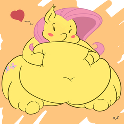 Size: 1200x1200 | Tagged: safe, artist:pupuyo, fluttershy, pegasus, pony, beady eyes, belly, belly button, big belly, blush sticker, blushing, fat, fattershy, female, heart, hoof on belly, mare, obese, solo, squishy