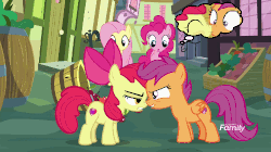 Size: 500x280 | Tagged: safe, artist:unoriginai, edit, screencap, apple bloom, fluttershy, pinkie pie, scootaloo, earth pony, pegasus, pony, g4, marks for effort, angry, animated, boop, cutie mark, female, fight, filly, gif, kiss on the lips, kissing, lesbian, mare, ship:scootabloom, shipper on deck, shipping, the cmc's cutie marks, thought bubble