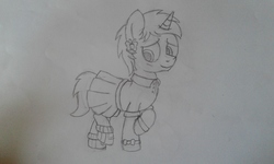 Size: 2560x1536 | Tagged: safe, artist:peternators, oc, oc only, oc:heroic armour, pony, unicorn, blushing, clothes, colt, crossdressing, dress, ear piercing, embarrassed, male, monochrome, piercing, pleated skirt, sketch, skirt, smiling, solo, teenager, traditional art, younger