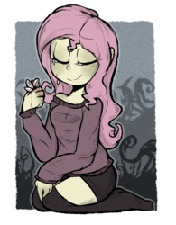 Size: 570x730 | Tagged: safe, artist:urbanqhoul, fluttershy, equestria girls, g4, clothes, crying, eyes closed, female, kneeling, smiling, solo, stockings, sweater, thigh highs, zettai ryouiki