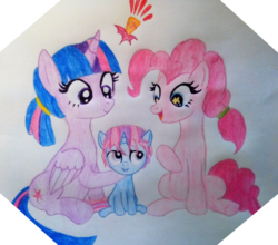 Size: 640x562 | Tagged: safe, artist:clodywiss, pinkie pie, twilight sparkle, alicorn, pony, g4, family, female, lesbian, magical lesbian spawn, offspring, parent:pinkie pie, parent:twilight sparkle, parents:twinkie, ship:twinkie, shipping, starry eyes, traditional art, twilight sparkle (alicorn), wingding eyes