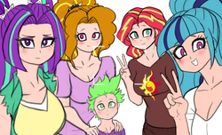 Size: 4880x2965 | Tagged: safe, artist:franschesco, adagio dazzle, aria blaze, sonata dusk, spike, sunset shimmer, human, equestria girls, g4, group photo, humanized, selfie, spikelove, the dazzlings