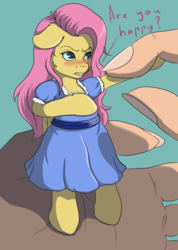 Size: 1064x1496 | Tagged: safe, artist:kittytitikitty, fluttershy, human, pegasus, pony, g4, blushing, clothes, dress, female, floppy ears, mare, question, tiny ponies