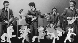 Size: 1280x720 | Tagged: safe, edit, applejack, fluttershy, pinkie pie, rainbow dash, rarity, twilight sparkle, g4, 1960s, 60s, black and white, concert, dancing, george harrison, grayscale, john lennon, monochrome, paul mccartney, ringo starr, the beatles, vector