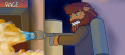 Size: 2699x1199 | Tagged: safe, artist:pony quarantine, earth pony, pony, arcade game, barrel, clothes, fire, flamethrower, gritted teeth, jacket, macready, male, ponified, r.j. macready, redraw, solo, stallion, the thing, weapon