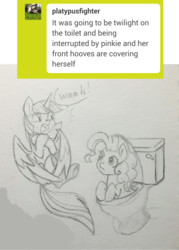 Size: 1076x1500 | Tagged: safe, artist:chautung, pinkie pie, twilight sparkle, alicorn, pony, g4, imminent flush, pencil drawing, request, requested art, scared, shocked, surprised, toilet, traditional art, twilight sparkle (alicorn)