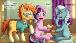 Size: 2666x1516 | Tagged: safe, artist:generalecchi, starlight glimmer, sunburst, trixie, pony, g4, the parent map, clothes, cup, dialogue, food, sitting, sweater, tea, tea party, teacup, teapot