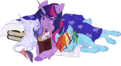 Size: 1024x562 | Tagged: safe, artist:castaspellliana, rainbow dash, twilight sparkle, oc, pegasus, pony, g4, book, commission, drool, female, leonine tail, lesbian, magical lesbian spawn, mare, offspring, parent:rainbow dash, parent:twilight sparkle, parents:twidash, pillow, ship:twidash, shipping, simple background, sleeping, transparent background