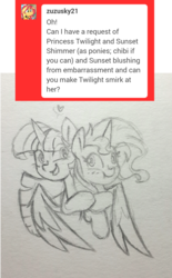 Size: 990x1600 | Tagged: safe, artist:chautung, sunset shimmer, twilight sparkle, alicorn, pony, g4, blushing, cute, embarrassed, female, happy, heart, hug, lesbian, pencil drawing, request, requested art, shimmerbetes, ship:sunsetsparkle, shipping, smiling, traditional art, twilight sparkle (alicorn), winghug