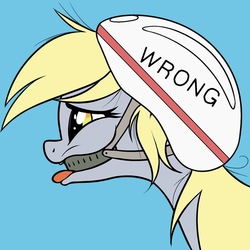 Size: 800x800 | Tagged: safe, artist:coinpo, derpy hooves, pegasus, pony, g4, bust, female, helmet, i just don't know what went wrong, meme, oops my bad, parody, portrait, profile, simple background, solo, wrong, you're doing it wrong