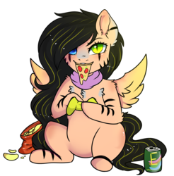 Size: 2473x2513 | Tagged: safe, artist:kao-chou, oc, oc only, pony, bandana, chips, controller, eating, food, high res, meat, pepperoni, pepperoni pizza, pizza, potato chips, simple background, sitting, soda, soda can, solo, spread wings, transparent background, wings