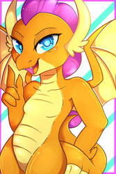 Size: 2000x3000 | Tagged: dead source, safe, artist:kao-chou, smolder, dragon, g4, abstract background, armpits, breasts, colored pupils, cute, dragoness, female, high res, looking at you, open mouth, open smile, shiny skin, smiling, smiling at you, smolderbetes, solo