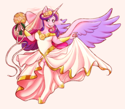 Size: 1280x1110 | Tagged: safe, artist:androgynousgarbage, princess cadance, alicorn, anthro, unguligrade anthro, g4, adorasexy, beautisexy, bouquet, bride, clothes, cute, dress, female, mare, sexy, simple background, smiling, socks, spread wings, stockings, thigh highs, wedding dress, wings