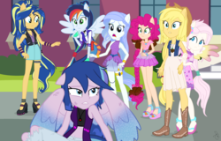 Size: 2500x1600 | Tagged: safe, artist:ilaria122, oc, oc:applemel, oc:chocolate candy, oc:harmony, oc:sapphire blue, oc:shining swirls, oc:sky, oc:velvet star, hybrid, equestria girls, g4, applejack's hat, belt, boots, bracelet, cardigan, choker, clothes, cowboy boots, cowboy hat, denim jacket, denim skirt, dress, equestria girls-ified, glowing wings, hat, high heels, interspecies offspring, jacket, jeans, jersey, jewelry, leather jacket, leggings, miniskirt, necklace, next generation, offspring, pants, parent:applejack, parent:caramel, parent:cheese sandwich, parent:discord, parent:fancypants, parent:flash sentry, parent:fluttershy, parent:pinkie pie, parent:rainbow dash, parent:rarity, parent:soarin', parent:sunset shimmer, parent:twilight sparkle, parents:carajack, parents:cheesepie, parents:discoshy, parents:flashimmer, parents:flashlight, parents:raripants, parents:soarindash, piercing, ponied up, shoes, simple background, skirt, spiked belt, spiked choker, spiked high heels, top, varsity jacket, wall of tags, worried, zipper, zipper skirt