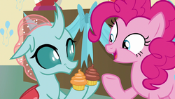 Size: 1280x720 | Tagged: safe, screencap, ocellus, pinkie pie, changedling, changeling, earth pony, pony, g4, marks for effort, cupcake, cute, dessert, diaocelles, duo, duo female, female, food, smiling