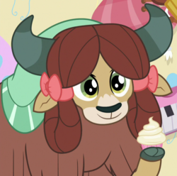 Size: 664x659 | Tagged: safe, screencap, yona, yak, g4, marks for effort, bow, cloven hooves, cropped, cupcake, cute, female, food, hair bow, monkey swings, solo, yonadorable