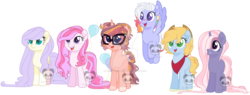 Size: 1600x608 | Tagged: safe, artist:lavender-doodles, oc, oc only, earth pony, pegasus, pony, unicorn, balloon, bandage, bandana, base used, clothes, cowboy hat, female, glasses, hat, mare, next generation, transparent background, unshorn fetlocks, watermark