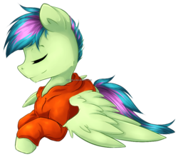 Size: 821x724 | Tagged: safe, artist:agletka, oc, oc only, pegasus, pony, clothes, commission, eyes closed, hoodie, lying down, male, peaceful, simple background, solo, stallion, transparent background, wings, ych result
