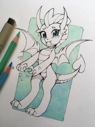 Size: 960x1280 | Tagged: safe, artist:lispp, smolder, dragon, g4, blushing, colored pencil drawing, cute, dragoness, female, heart, looking at you, partial color, smolderbetes, solo, toes, traditional art