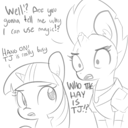 Size: 1650x1650 | Tagged: safe, artist:tjpones, tempest shadow, twilight sparkle, alicorn, pony, unicorn, g4, my little pony: the movie, black and white, breaking the fourth wall, broken horn, dialogue, eye scar, female, grayscale, horn, mare, monochrome, scar, simple background, twilight sparkle (alicorn), white background