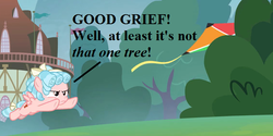 Size: 756x378 | Tagged: safe, edit, edited screencap, editor:korora, screencap, cozy glow, g4, marks for effort, bush, charlie brown, cozy glow is not amused, cropped, female, filly, foal, kite, peanuts, text, town hall