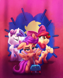 Size: 1626x2000 | Tagged: safe, artist:discorded, apple bloom, scootaloo, sweetie belle, earth pony, pegasus, pony, unicorn, g4, :p, adorabloom, apple, cute, cutealoo, cutie mark crusaders, diasweetes, eyes closed, female, filly, food, looking at you, pose, scooter, silly, tongue out, trio