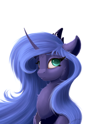 Size: 1900x2500 | Tagged: safe, artist:skitsroom, princess luna, alicorn, pony, g4, curved horn, female, horn, looking at you, mare, simple background, solo, white background