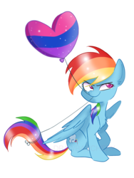 Size: 1329x1765 | Tagged: safe, artist:drawbauchery, rainbow dash, pegasus, pony, g4, balloon, bisexual pride flag, bisexuality, chest fluff, female, grin, headcanon, heart, heart balloon, lgbt headcanon, mare, mouth hold, pride, pride flag, pride month, sexuality headcanon, simple background, sitting, smiling, solo, transparent background