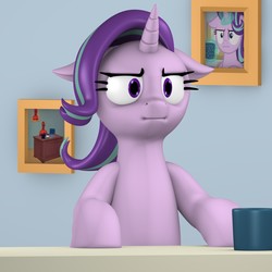 Size: 2000x2000 | Tagged: safe, artist:argos90, starlight glimmer, pony, unicorn, g4, marks for effort, 3d, :i, cup, female, floppy ears, high res, i mean i see, mare, meme, reaction image, solo, starlight's office