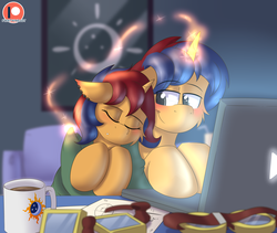 Size: 6390x5400 | Tagged: safe, artist:fleet-wing, oc, oc only, oc:electric spark, oc:sweet voltage, pony, unicorn, absurd resolution, blanket, blushing, brother and sister, coffee mug, computer, cute, ear piercing, earring, explicit source, female, goggles, jewelry, laptop computer, male, misleading thumbnail, mug, patreon, patreon logo, piercing, siblings, sleeping, twins, voltspark