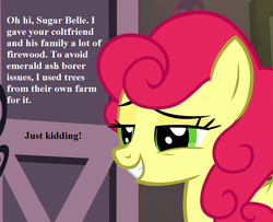 Size: 864x702 | Tagged: safe, edit, edited screencap, editor:korora, screencap, strawberry sunrise, g4, honest apple, cropped, implied big macintosh, implied sugar belle, implied sugarmac, smiling, teasing, text, that pony sure does hate apples