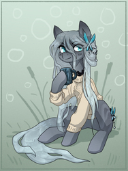 Size: 1193x1589 | Tagged: safe, artist:koviry, oc, oc only, oc:raina, earth pony, pony, abstract background, clothes, commission, female, hair ornament, hoof hold, looking at you, mare, mug, sitting, solo, sweater, translucent mane, transparent mane