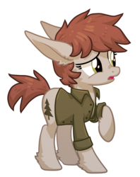 Size: 1161x1469 | Tagged: safe, artist:koviry, oc, oc only, oc:kova, earth pony, pony, big ears, clothes, female, floppy ears, frown, lidded eyes, long ears, looking at something, mare, open mouth, raised hoof, shirt, show accurate, simple background, solo, transparent background
