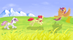 Size: 4939x2714 | Tagged: safe, artist:pzkratzer, apple bloom, scootaloo, sweetie belle, earth pony, pegasus, pony, unicorn, g4, cute, cutie mark crusaders, female, field, filly, mountain, scootaloo can fly, smiling, sun, sunday, trio