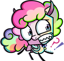 Size: 1214x1151 | Tagged: safe, artist:amberpone, oc, oc:gameboy glitch, bat pony, pony, bat pony oc, big head, colorful, commission, curly hair, cute, digital art, exclamation point, eyes open, full body, interrobang, invader zim, jewelry, jhonen vasquez style, lighting, male, necklace, paint tool sai, pink, question mark, shading, simple background, stallion, standing, style emulation, teeth, transparent background, wings