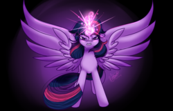 Size: 1024x659 | Tagged: safe, artist:fleetyarrowdraw, twilight sparkle, alicorn, pony, g4, angry, female, glowing horn, gritted teeth, horn, magic, solo, spread wings, twilight sparkle (alicorn), wings