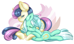 Size: 4724x2835 | Tagged: safe, artist:fleetyarrowdraw, bon bon, lyra heartstrings, sweetie drops, earth pony, pony, unicorn, g4, abstract background, eyes closed, female, heart, high res, hug, lesbian, lesbian pride flag, mare, on back, one eye closed, pride, pride flag, prone, ship:lyrabon, shipping, simple background, snuggling, speedpaint available, transparent background
