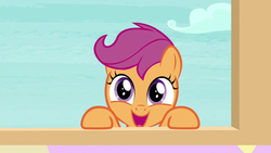 Size: 1280x720 | Tagged: safe, screencap, scootaloo, pegasus, pony, g4, marks for effort, cute, cutealoo, female, filly, happy, looking at you, open mouth, smiling