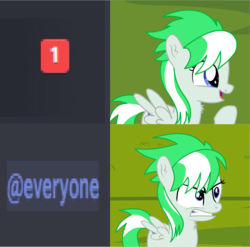 Size: 872x860 | Tagged: safe, artist:cyanlightning, oc, oc only, oc:emerald lightning, pegasus, pony, g4, @everyone, angry, discord (program), female, filly, meme, open mouth, ping, reaction image, smiling, solo