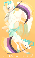 Size: 480x800 | Tagged: safe, artist:bananasmores, terramar, classical hippogriff, hippogriff, seapony (g4), g4, surf and/or turf, duality, duo, eyes closed, fins, flag, gender headcanon, holding, mouth hold, nonbinary, nonbinary pride flag, open mouth, orange background, positive message, positive ponies, pride, pride flag, pride month, self ponidox, simple background, wings