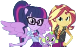 Size: 1180x730 | Tagged: dead source, safe, artist:php77, editor:php77, sci-twi, spike, spike the regular dog, sunset shimmer, twilight sparkle, dog, equestria girls, g4, my little pony equestria girls: better together, needs more jpeg, simple background, transparent background