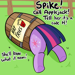 Size: 1650x1650 | Tagged: safe, artist:tjpones, twilight sparkle, pony, g4, barrel, buttstuck, dialogue, female, flank, food, french fries, hay fries, implied spike, mare, offscreen character, silly, silly pony, stuck, sweet apple acres, that pony sure does love hay fries