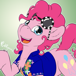 Size: 2000x2000 | Tagged: safe, artist:punk-pegasus, pinkie pie, earth pony, pony, g4, clothes, female, hawaiian shirt, high res, looking at you, mare, open mouth, shirt, signature, solo, sternocleidomastoid, sunglasses